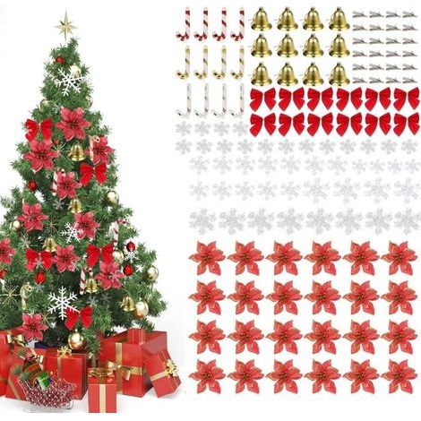 Shiny Christmas tree flower set, 120-piece Christmas tree decorations, including 24 shiny flowers, poinsettias, 24 clips, 12 bows, 12 bells, 12 crutches, and 36 snowflakes (red) (1/5)