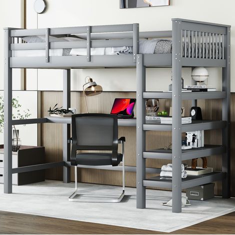 Letto a soppalco per bambini 90x200 cm, con scrivania e ripiani, in pino e MDF, grigio, senza materasso (1/5)
