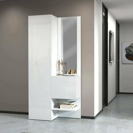 Meuble d'entrée Vinicio, Armoire multifonctionnelle avec 2 Portes, Armoire Polyvalente avec Miroir, 90x35h190 cm, Blanc (1/5)