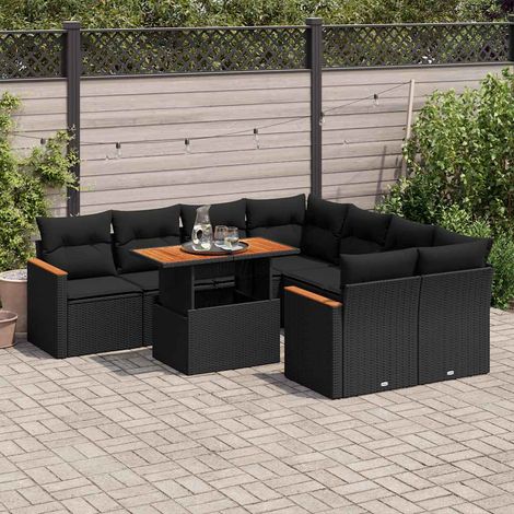 Set sofás jardín y cojines 9 pzas ratán sintético acacia negro vidaXL (1/5)