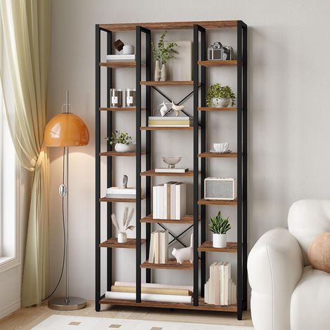 Libreria, Scaffale a 7 livelli con 18 Ripiano, Grande scaffale regolabile, per soggiorno, ufficio, camera da letto, studio, Marrone Rustico e Nero (1/5)
