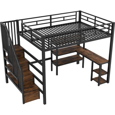 Lit mezzanine métallique 140x200 avec escalier, bureau intégré, compartiments de rangement, station de charge USB et lumière LED, noir (1/5)