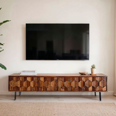 Meuble TV 4 portes 160x35x40 cm en sheesham 3D et métal noir - LITUA