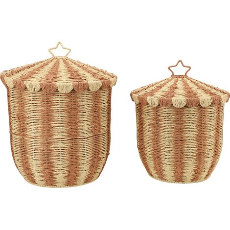Panier de Rangement 2 Pièces Rotin et Fer Couleur Café Vintage avec Couvercle Grand et Petit Organisateur Durable (1/5)