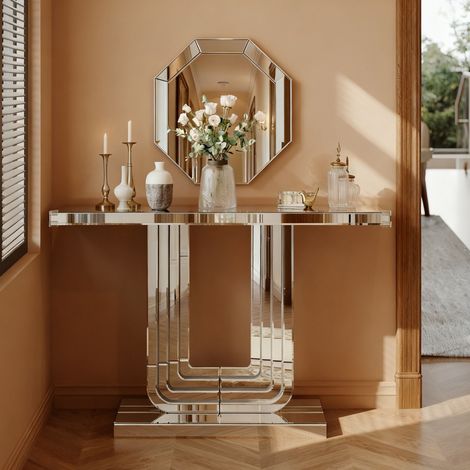 Console Miroir Moderne avec Base en U - 120x30x76cm - Table Console d'Entrée Effet Miroir Brillant pour Séjour - Argent (1/5)