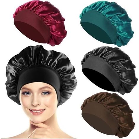 4 Stück Satin-Nachthauben, Satin-Nachthauben, elastische Nachthauben (Schwarz, Cyan, Kaffee, Weinrot) (1/4)