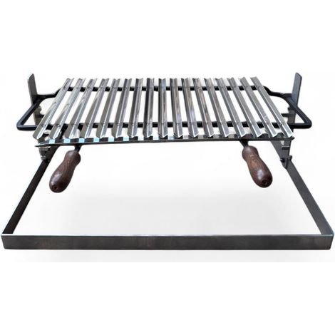 Griglia per Barbecue in Acciaio Inox, Sistema Scolagrassi, Manici in Legno, Base in Ferro Regolabile su 3 Altezze 70x45cm, Superficie di Cottura 54cm