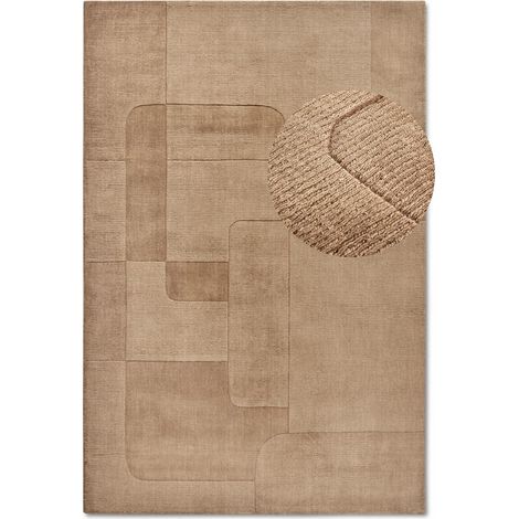 Tapis salon 120 x 170 cm motif géométrique, laine noble tissé à la main, beige, marron, texture relief et design authentique, structure graphique