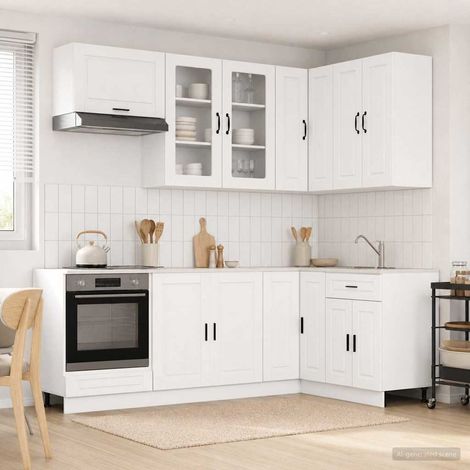 Ensemble de meubles de cuisine 8 pièces en bois d’ingénierie blanc avec pieds réglables - PANGIVO (1/5)