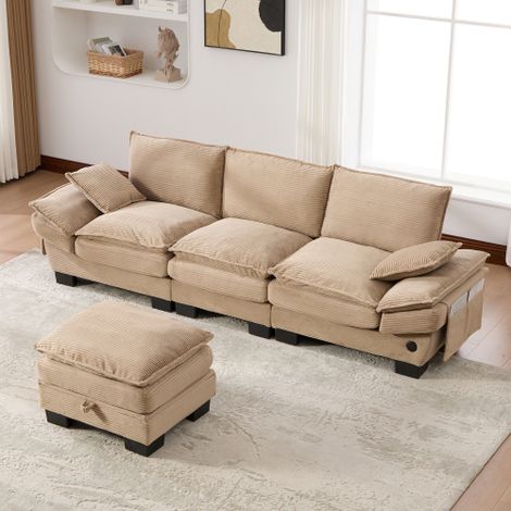 Sofá modular de 3 plazas de terciopelo acanalado (pana) con puf, USB-C y bolsillos laterales, marrón claro, 260x132x84 cm (1/5)