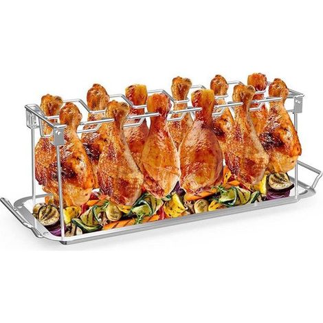 Rejilla para olla de pollo de 14 ranuras para taladro con bandeja de goteo, accesorio plegable de acero inoxidable para horno ahumador (1/5)