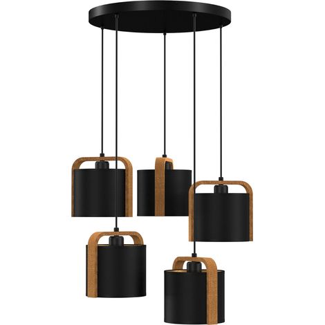 Suspension Jonko noire mat bois clair 5xE27 Luminex