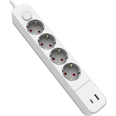 Multiprise 4 Prises avec câble intégré de 1,5 m, Ports USB Type A et C, Couleur Blanche. Conçu pour Charger des appareils et connecter des équipements.