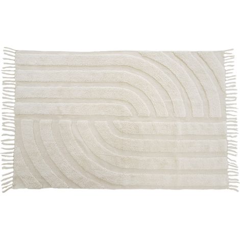 Tapis de bain tufté en coton écru 100x150cm – Épaisseur 1cm – Motif géométrique avec franges – Label STANDARD 100 by OEKO-TEX® – Future Home