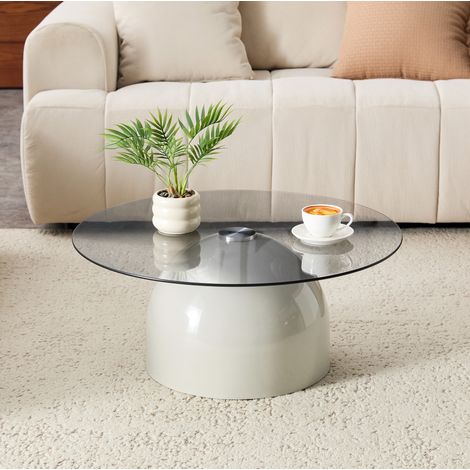 Mesa baja redonda de salón gris con bandeja de vidrio templado y base de acero carbono, Ø70xH30 cm (1/4)