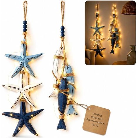 Lot de 2 décorations murales en bois avec LED – Étoile de mer et poisson – Suspension murale sur le thème de la mer – Lumière chaude – Pour porte d’entrée et intérieur (1/5)