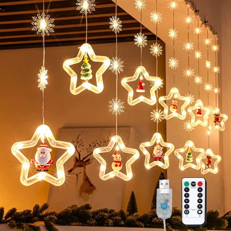 Rideau lumineux étoilé de Noël de 3 mètres, alimenté par USB, 8 modes, convient aux décorations de Noël, fenêtres, jardins, blanc chaud.