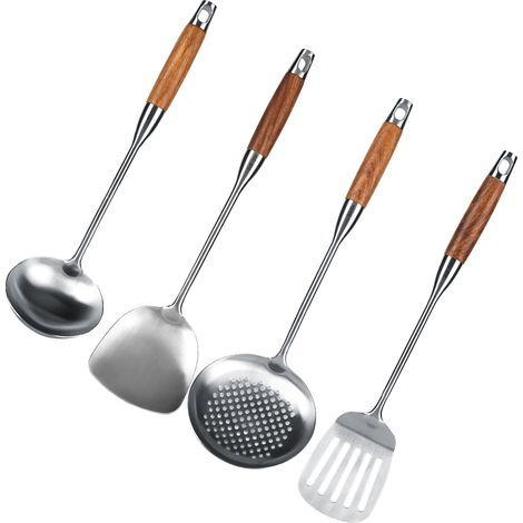 Ensemble de 4 ustensiles de cuisine en acier inoxydable 304 et bois de rose (1/5)