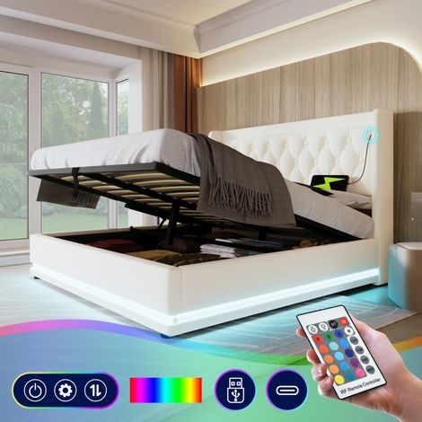 Lit double capitonné 140200 cm, matériau PU blanc, lit coffre hydraulique, tête de lit rembourrée avec fonction de chargement USB Type-C, fonction LED 3 côtés (sans matelas) (1/5)