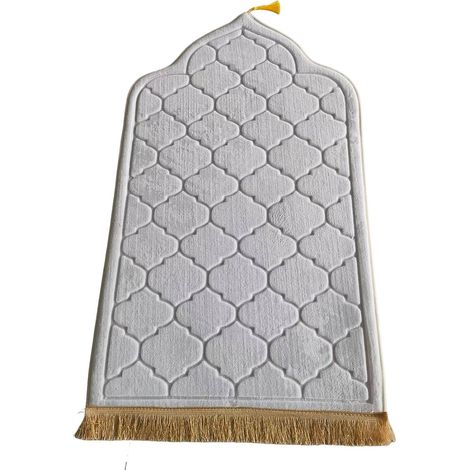 Tapis de prière musulman blanc, orné de motifs en relief, pliable et portable, pour une protection efficace des genoux.