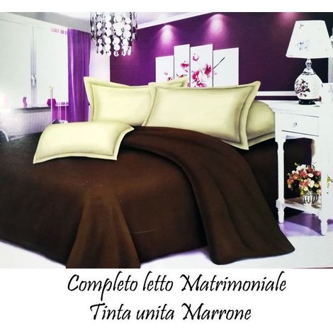 TrAdE Shop Traesio - Completo Letto Lenzuola Matrimoniale Con Copri Cuscini Tinta Unita Marrone -