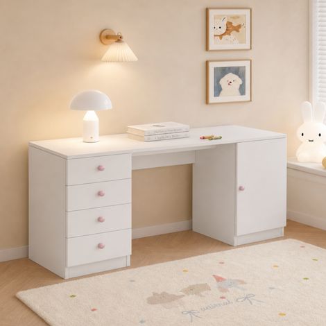 Bureau table travail ordinateur 4 tiroirs une étagère, meuble enfant, bureau étude rangement, poignées céramique rose, 155x45x74 cm, coloris blanc (1/5)