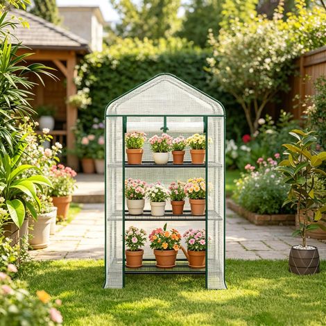 Petite serre de jardin avec étagères – Serre à tomates avec roues & porte enroulable, housse PE renforcée 140 g/m², pour balcon & terrasse, blanc (1/4)