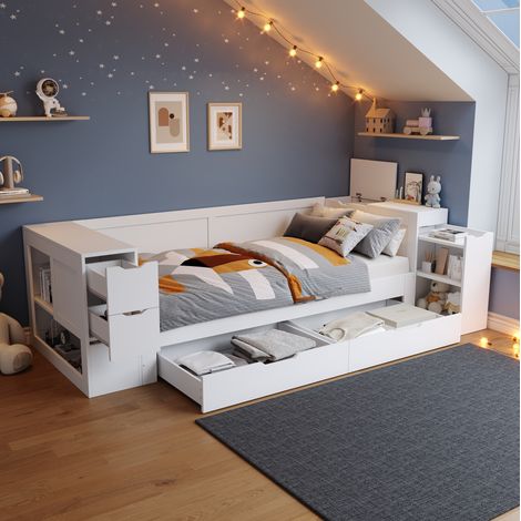 Lit enfant banquette MDF blanc 90x200 cm avec rangement intégré, tiroir, étagères et table de chevet, sommier inclus (1/5)