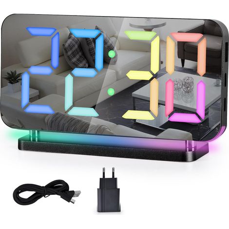 Réveil Numérique,Réveil RVB pour Table de Chevet,Horloge Miroir LED 7,4" avec Port de Chargement USB,Veilleuse RVB 10 Modes,Affichage LED 11 Couleurs, Gradation Automatique,5 Niveaux de Volume