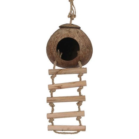 Corde de noix de coco pour oiseaux, maison avec perchoir et échelle, nid de perroquet en coquille naturelle, décoration suspendue pour cages (2 pièces)