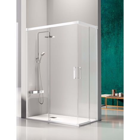 Mampara de Ducha Angular- 2 Hojas Fijas y 2 Puertas Correderas- Cristal de Seguridad de 6 mm - Modelo Glase Q4 BLANCO (100 x 80) (1/2)