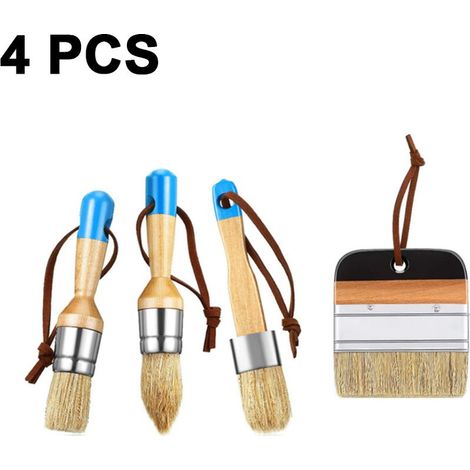 Lot de 4 pinceaux à craie, pinceaux en bois pour craie et cire, pinceaux à pochoir naturels, pinceaux ronds à poils, pinceaux à cire pour la peinture de meubles en bois et la décoration intérieure (no (1/5)