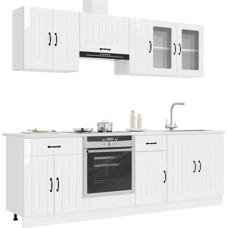 Ensemble de 8 meubles de cuisine avec rangements, bois d’ingénierie et verre, blanc brillant - PANGIVO (1/5)