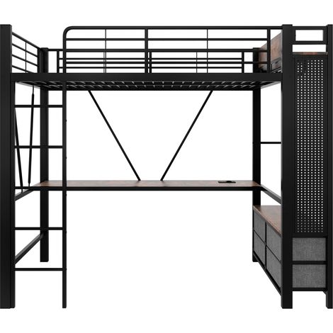 Cama alta 90 x 200 cm de metal negro con escritorio, estantes, 4 cajones, LED y USB-C (1/5)