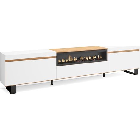 Skraut Home - Meuble TV, Banc Télé, Grand espace de Rangement, 260x35x57 cm, TV grand format, Cheminée électrique, Design industriel, Style moderne, Blanc et Chêne Soft (1/5)