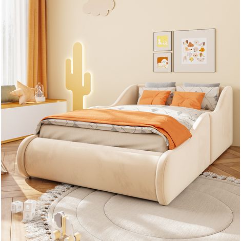 Polster-Kinderbett 90x200 cm mit hohem Kopfteil und Seitenschutz, Beige, OKMYHOME (1/5)