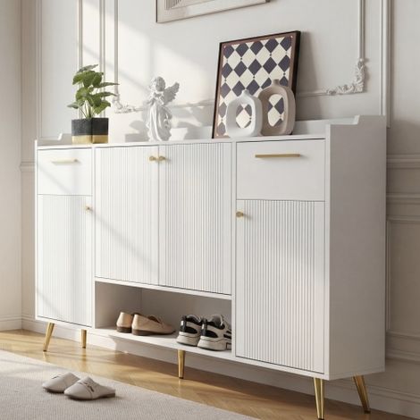 Armoire à chaussures avec 2 tiroirs et 4 portes, structure métallique stable, dimensions 130 x 37 x 100 cm, couleur blanc pur – rangement organisé pour entrée ou couloir