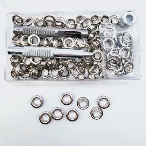 100 ojales de acero inoxidable con un diámetro interior de 8 mm, ojales para lona, con herramienta perforadora y base. (1/5)