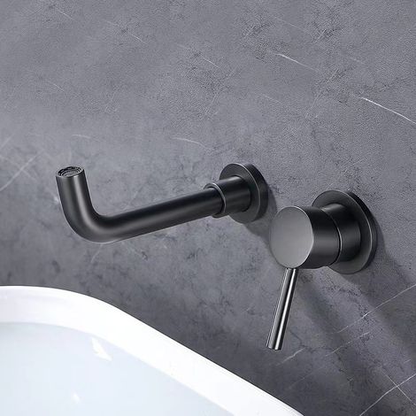 RHG Robinet mural noir mat pour lavabo de salle de bain 2 poignées en croix Robinet de lavabo pivotant à 360 ° Robinet encastré chaud et froid en cuivre