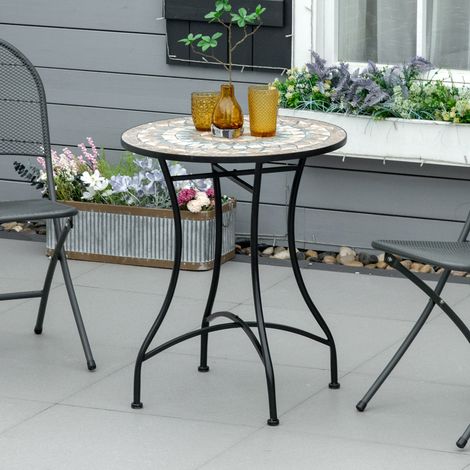 Mesa de jardín de cerámica y metal beige/negro redonda con tablero de mosaico (1/5)