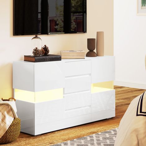 Buffet mit verstellbarem LED-Display und Fernbedienung, Esstisch mit 4 Schubladen und 2 Tellern, 120 x 34 x 70 cm, weiß