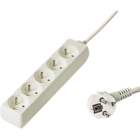 1 Multiprise 5m, 5 Prises françaises 45°, Câble PVC 2300W, Sécurité enfant, Blanc