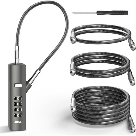 Antivol à câble à combinaison 4 chiffres avec 3 câbles en acier (23/61/119 cm) - Réinitialisation uniquement avec le code actuel - pour vélo, bagages, portail, abri de jardin, armoire - Gris anthracit (1/5)