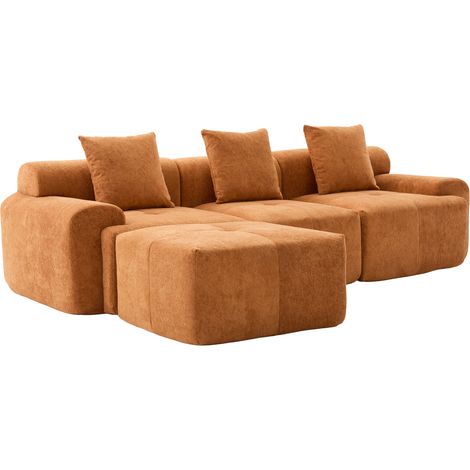 Canapé nuage moderne, canapé d’angle modulaire en L orange, canapé 3 places en mousse à mémoire de forme compressée sans montage, dimensions: 268×102×78 cm