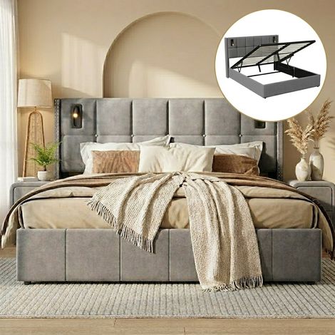 Lit coffre 140x190,lit 140x190 avec sommier à lattes,lampe de lecture,lit double capitonné,lit adulte,lit 2 personnes,tissu en velours,Gris (1/5)