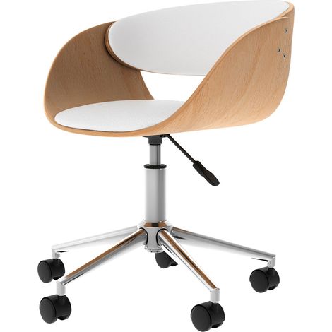 Chaise de bureau pivotante sur roulettes en bois et PU blanc - ADELMAR