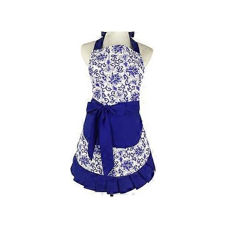 Damenschürze mit Taschen, extra langen Bändern, 70 x 70 cm (Blau), Vintage-Damast-Schürze, ideal zum Kochen, Backen und für den Garten
