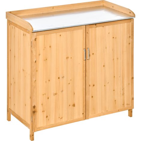 Armoire de jardin sur pied 2-en-1 table de rempotage - meuble de jardinage double porte, étagère, plateau en tôle (1/5)