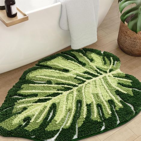 Grün Tapis de Bain, Tapis de Douche, Tapis de Salle de Bain en Forme de Feuille de Monstera, Tapis de Sol Tropical, Tapis de WC Lavable antidérapant, Tapis de to (1/5)
