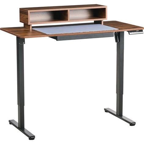 Escritorio de altura regulable eléctrico con alfombrilla para ratón para usar de pie o sentado moderno 120 x 60 cm puerto USB tablero marrón y patas negras Lucama (1/5)